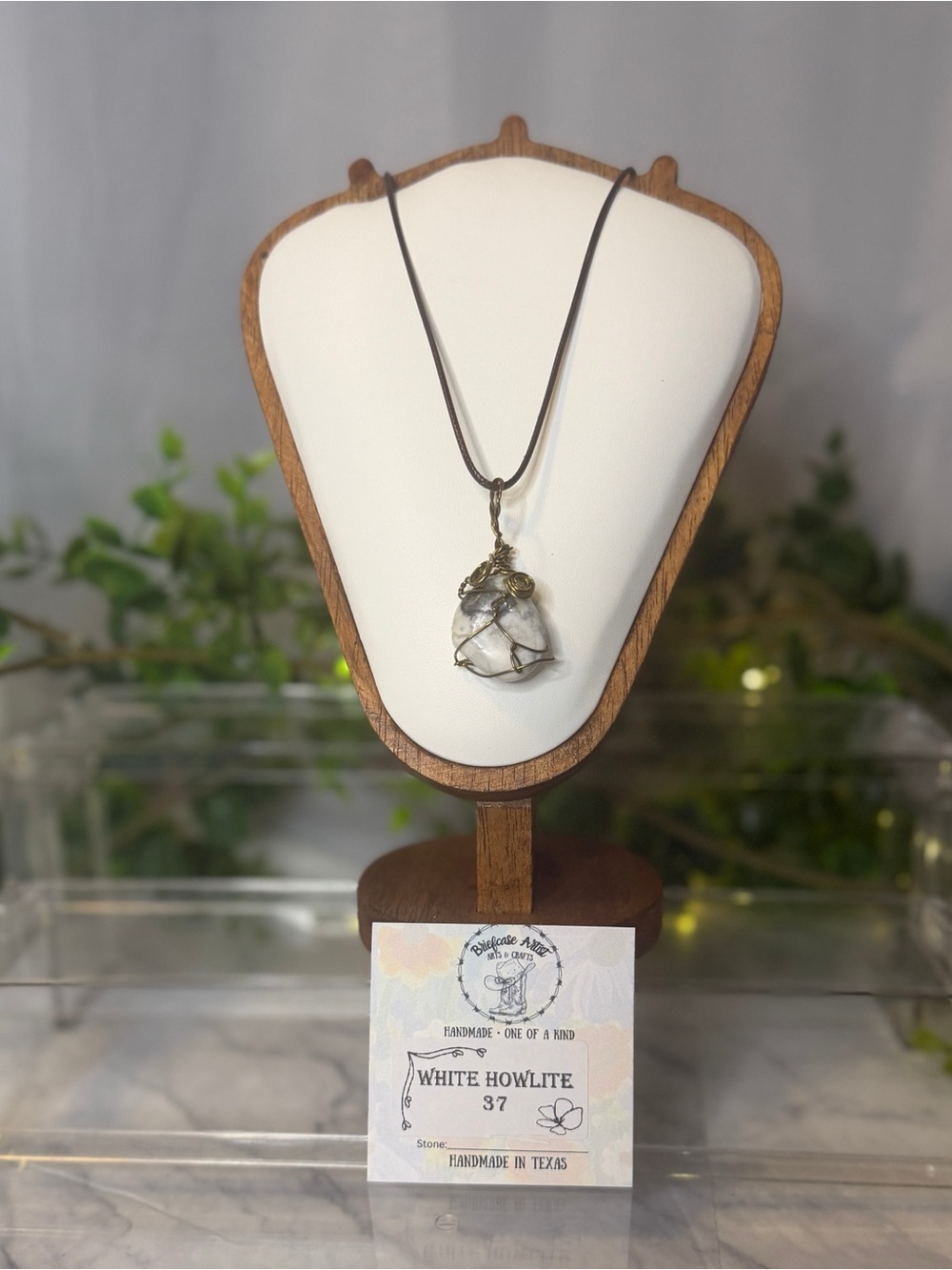 White Howlite Wire Wrapped Pendant Necklace Handmade in Texas One of a Kind